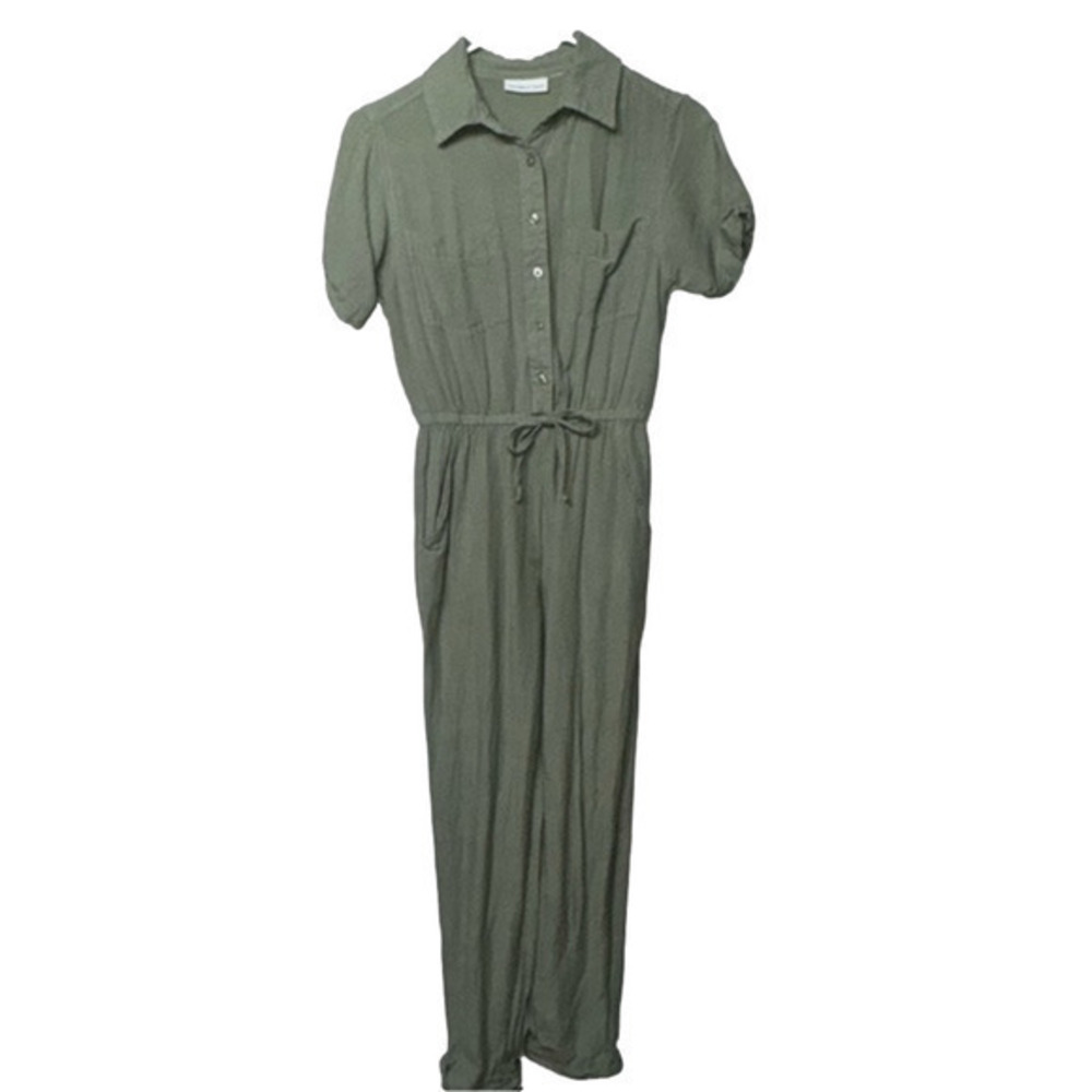 Sincerely Jules Green Lightweight Linen Cuffed Straight Leg Jumpsuit